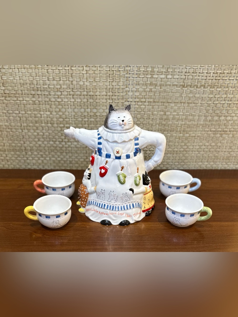 🌟HP🌟1999 Department 56 Storybook Village 3 Little Kittens Ceramic Cat TeapotCups